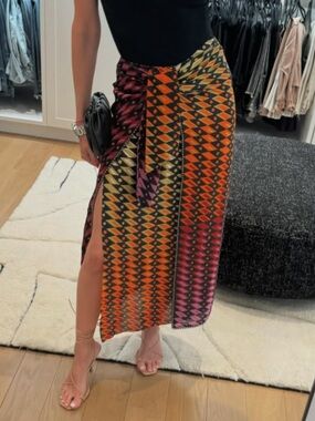 Zara Multicolor Geometric Wrap Midi Skirt - Orange & Pink